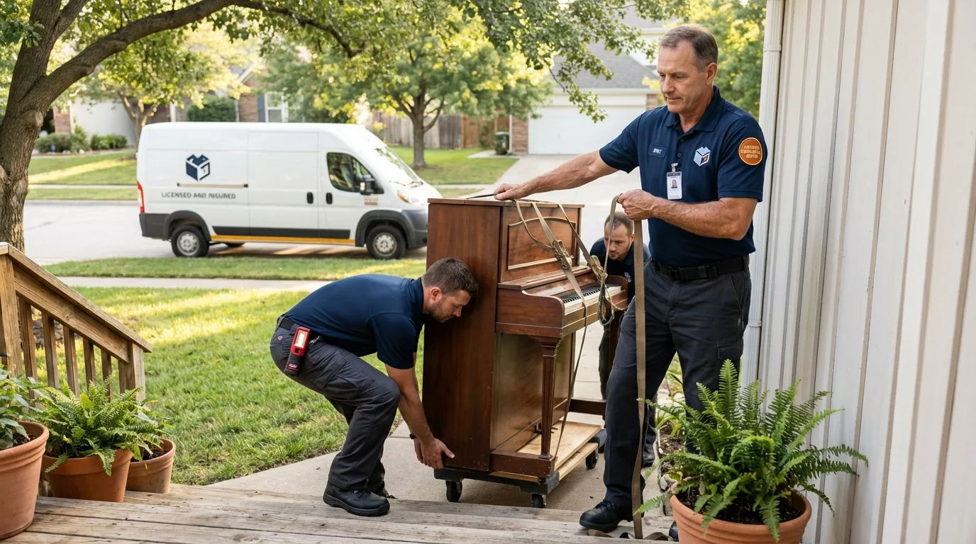 Licensed piano movers securing grand piano in Ocean Park, WA