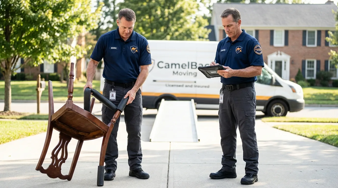 Movers inspecting furniture for damage prevention before loading in Ocean Park, WA