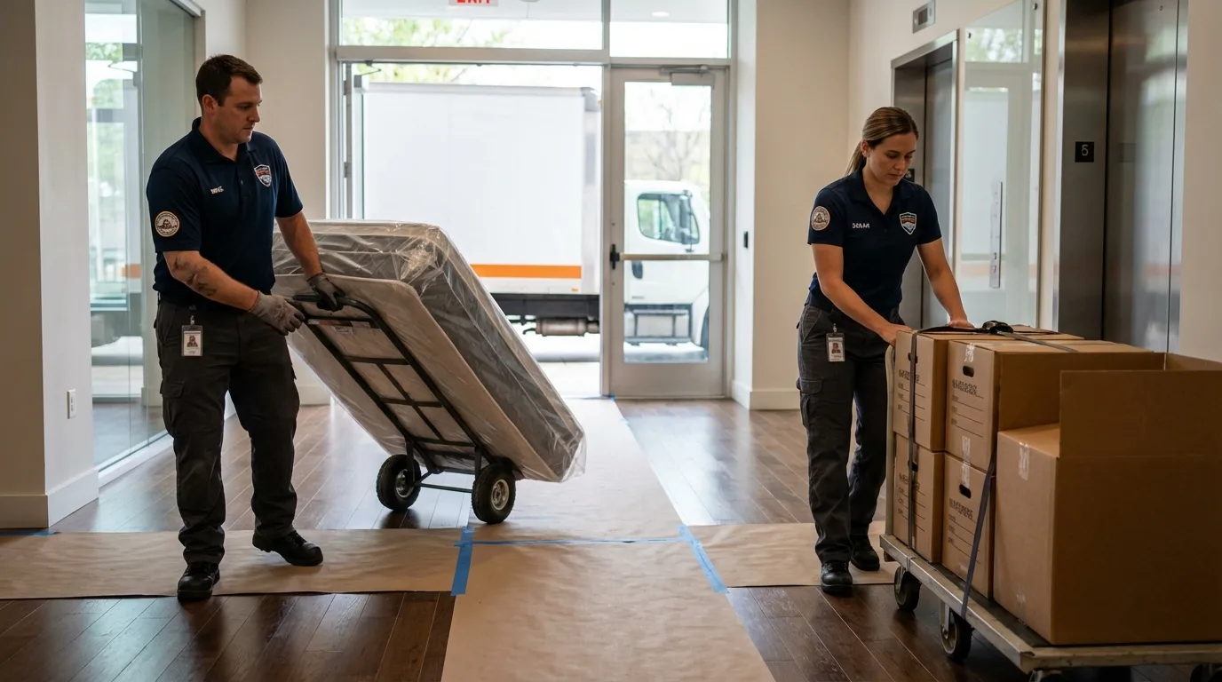 Professional apartment movers loading elevator in Ocean Park, WA